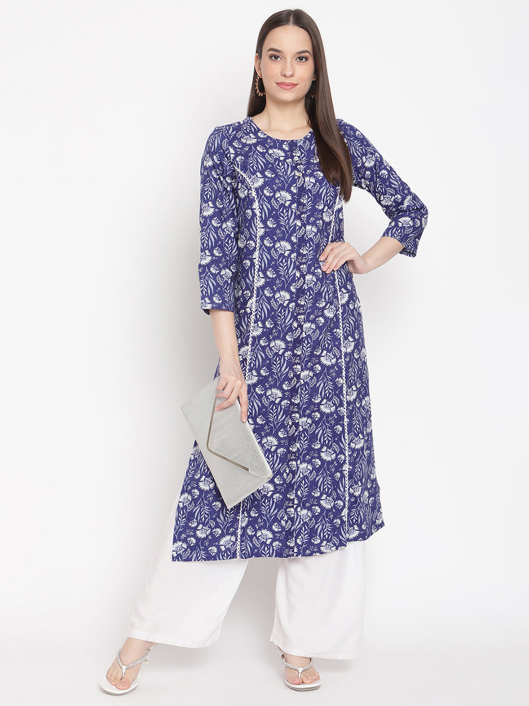 Be Indi Women Navy Blue & White Floral Printed Kurta