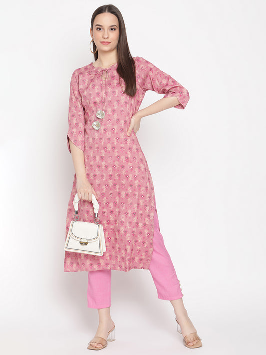 Be Indi Women Pink Printed Regular Gotta Patti Kurta with Trousers