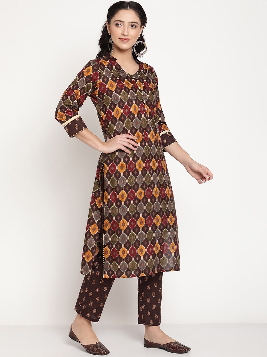 Be Indi Women Brown Printed Pure Cotton Kurta with Trousers