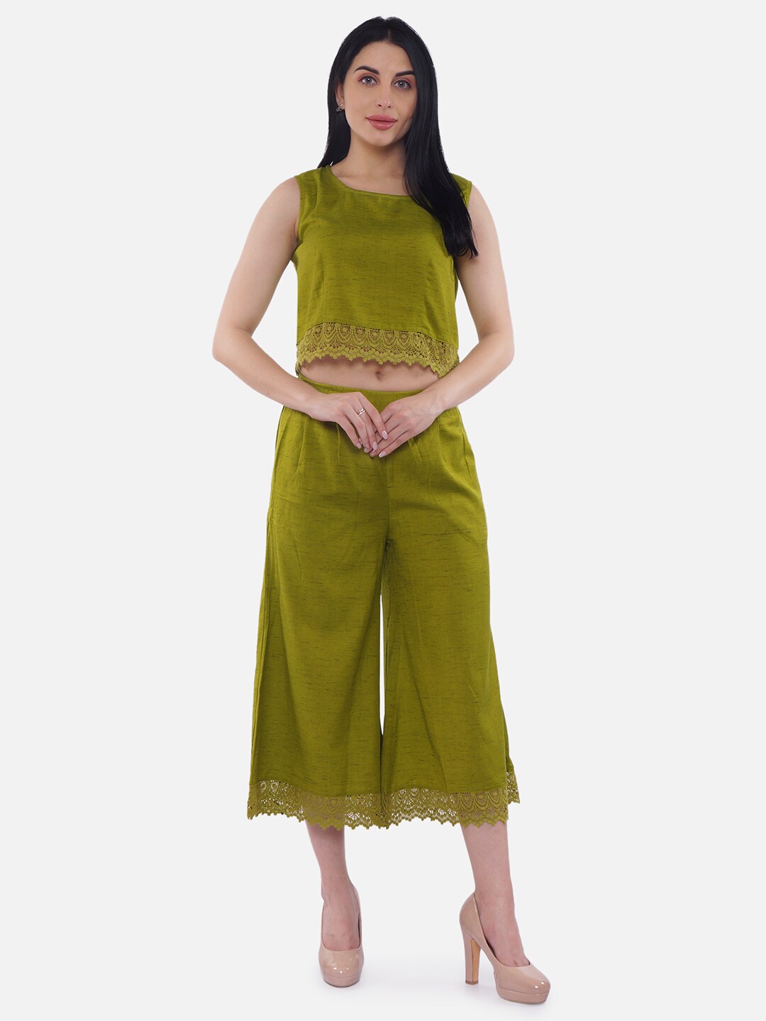 Women Green Top With Lace, Culottes With Embroidered Black Checks Cape