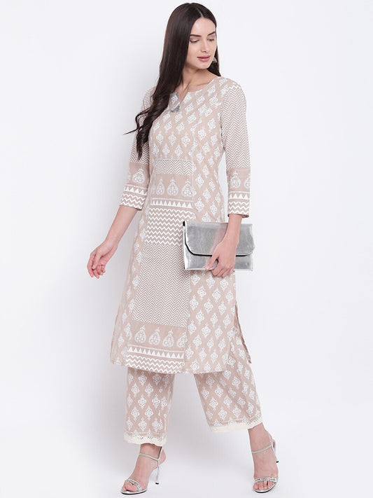 Be Indi Women Beige & Off-White Printed Straight Palazzos