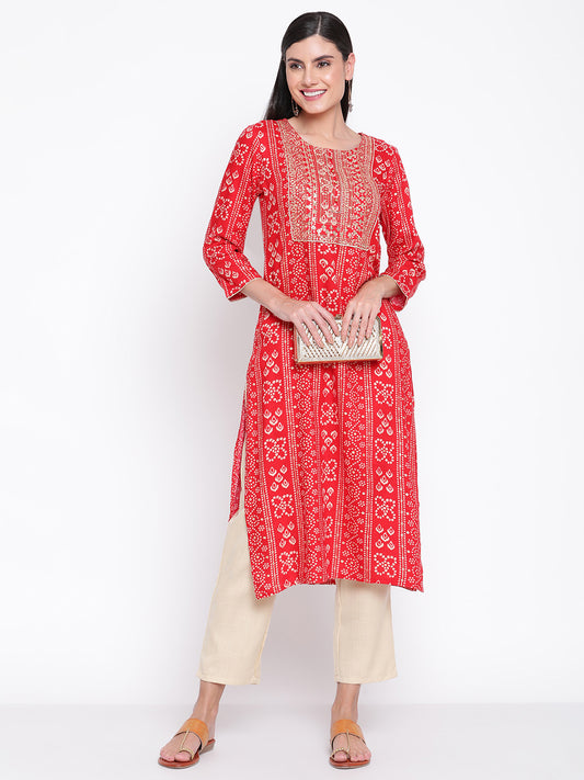Be Indi Women Red  Printed Kurta with Zari Embroidered Yoke