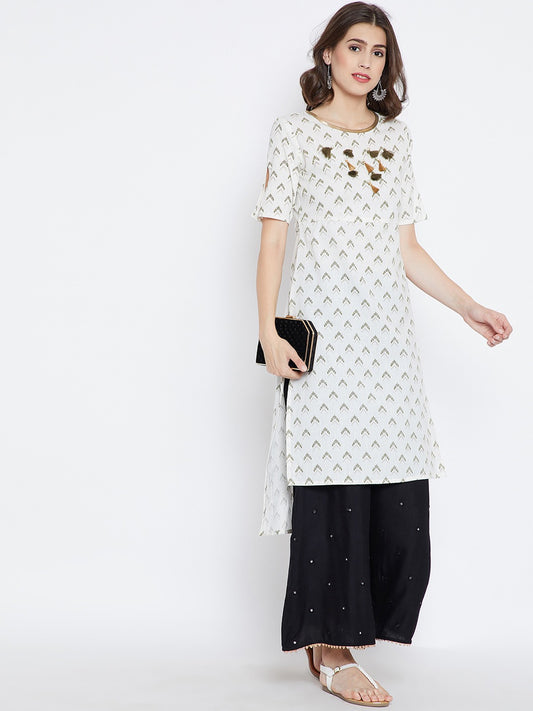 Be Indi Women White & Olive Green Geometric Printed Thread Work Kurta