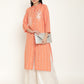 BeIndi Women's Peach Vertical Stripe Mandarin Collar, Placement Embroiderd Kurta