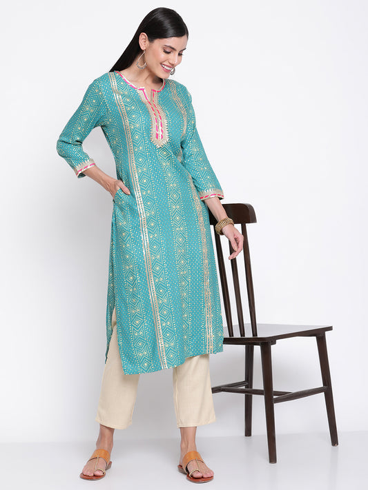 Be Indi Women Turquoise Blue Ethnic Motifs Gotta Patti Kurta