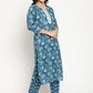 Be Indi Women Blue Floral Embroidered Empire Pure Cotton Kurti with Trousers