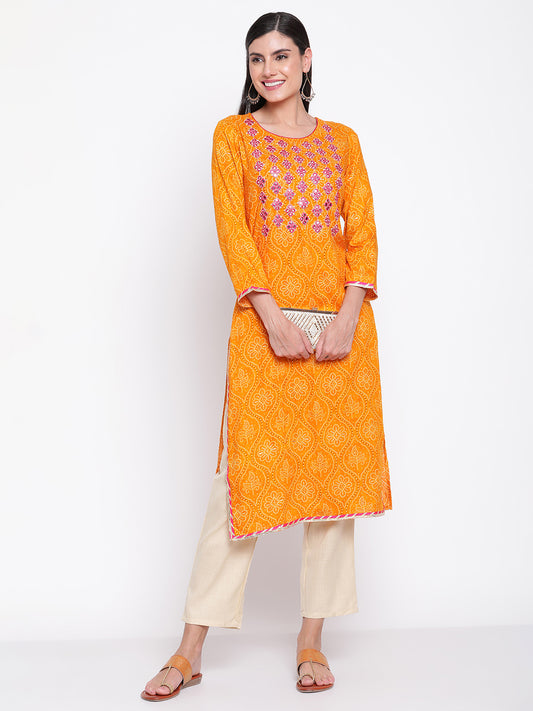 Be Indi Women Mustard Yellow Ethnic Motifs Printed Mirror Work Kurta