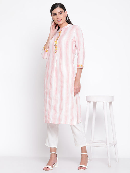 Be Indi Women Peach & White Striped Cotton Mandarin Collar Kurta