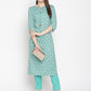 Be Indi Women Turquoise Blue Floral Printed Straight Kurta with Trousers