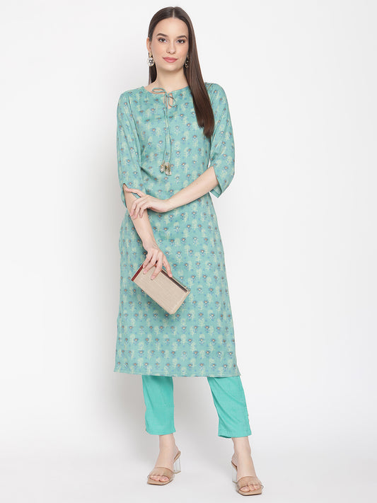 Be Indi Women Turquoise Blue Floral Printed Straight Kurta with Trousers