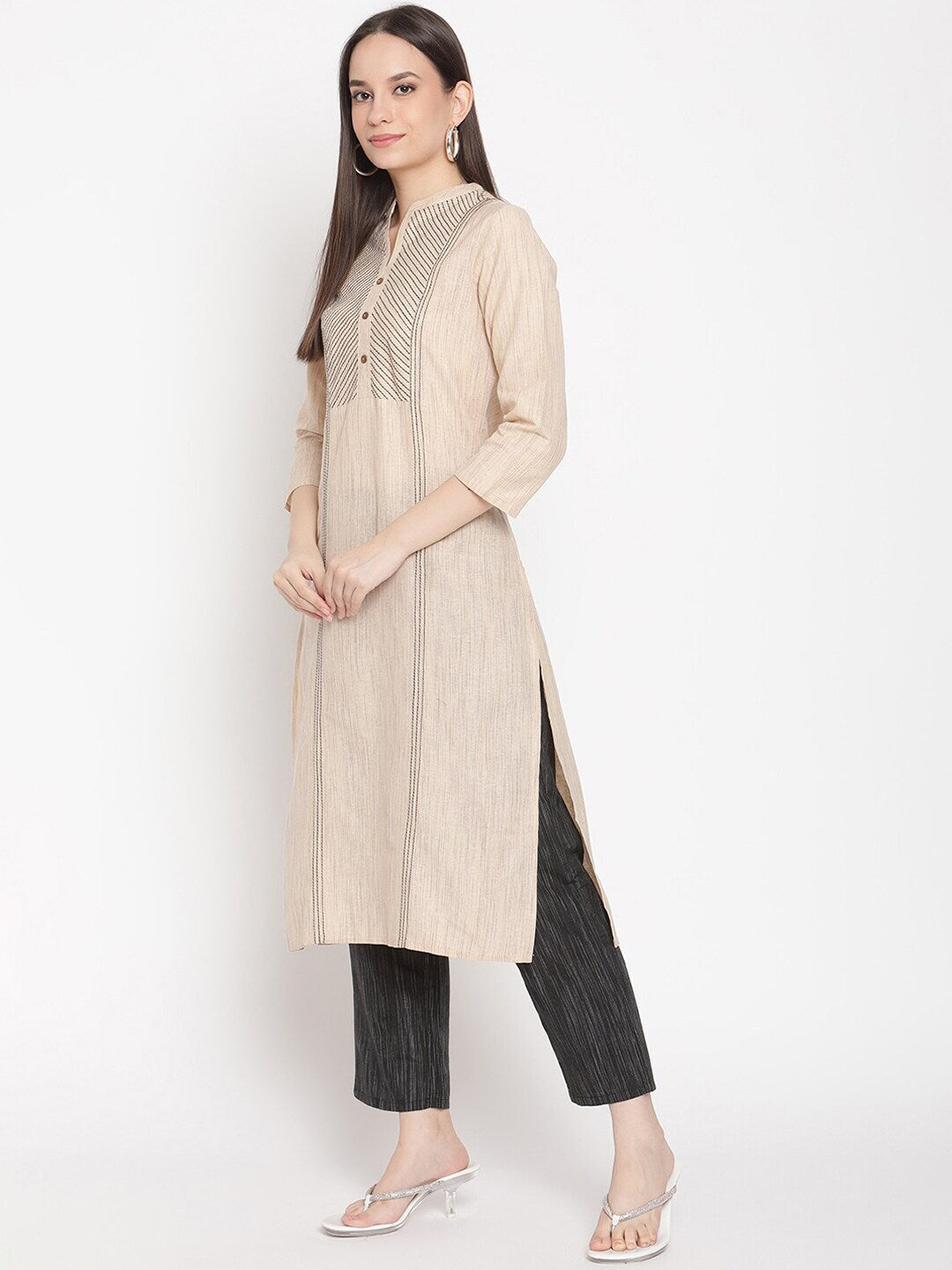 Be Indi Women Beige Panelled Thread Work Pure Cotton Kurta with Trousers