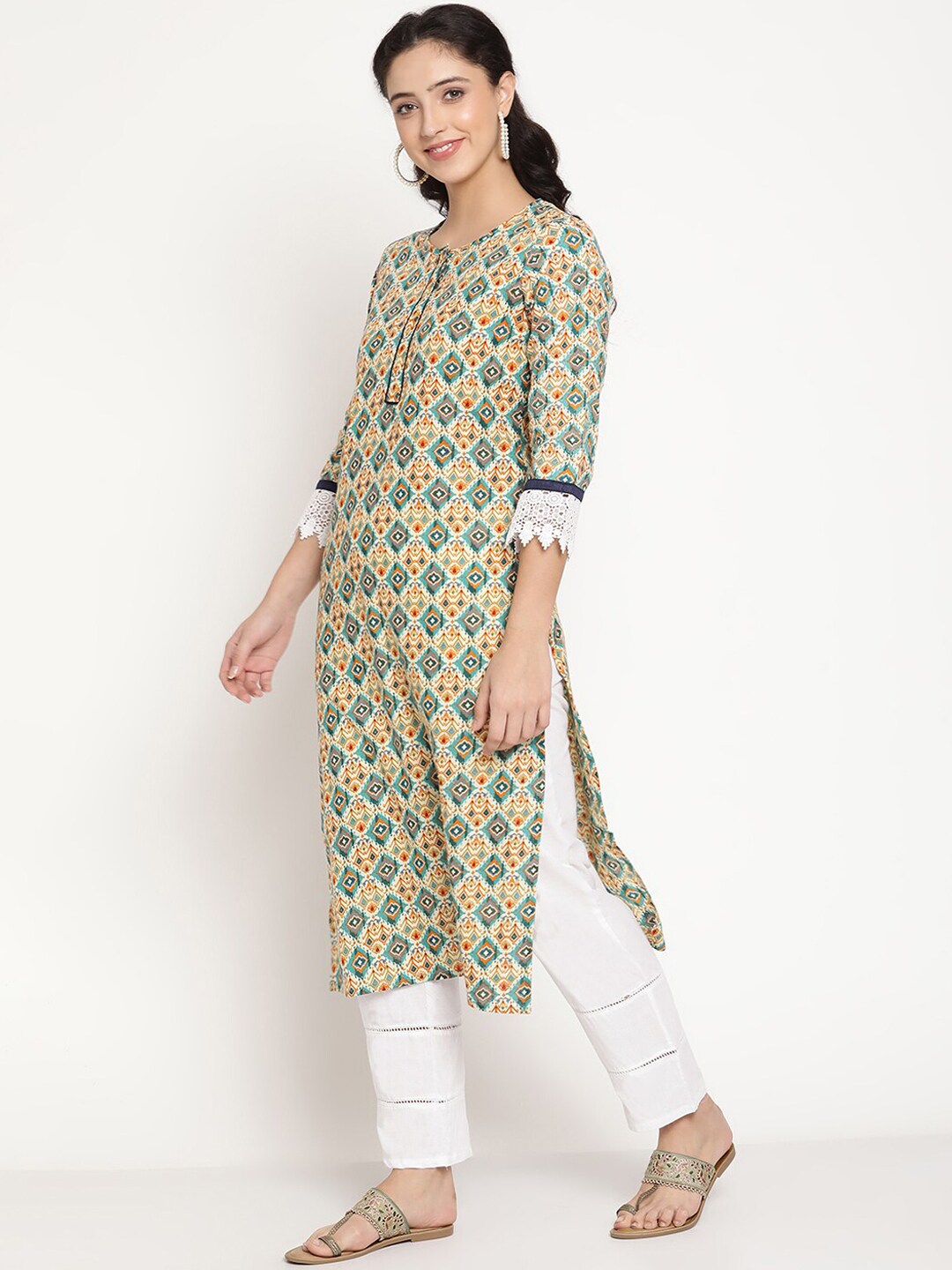 Be Indi Women Green Ikat Design Contrast Trim And Cotton Design Lace Cuff Detaling Kurta