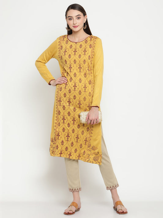 BeIndi Women Knitted Mustard Ethnic Print Kurta Set