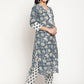 Be Indi Women Blue White Floral Printed Pincess Line. Cotton Lace Detailing Kurta,Pant With Dupatta