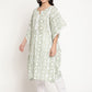 Be Indi Women Green White Geomatric Print Design Crochet Lace Stone Button Detailing Kaftan