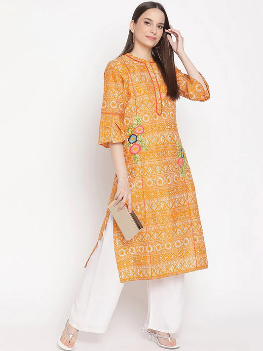 Be Indi Women Orange & White Geometric Printed Flared Sleeves Thread Work Kurta