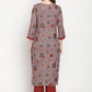 Be Indi Women Grey Red Floral Foil Printed Mirror Placket Kurta with Pant