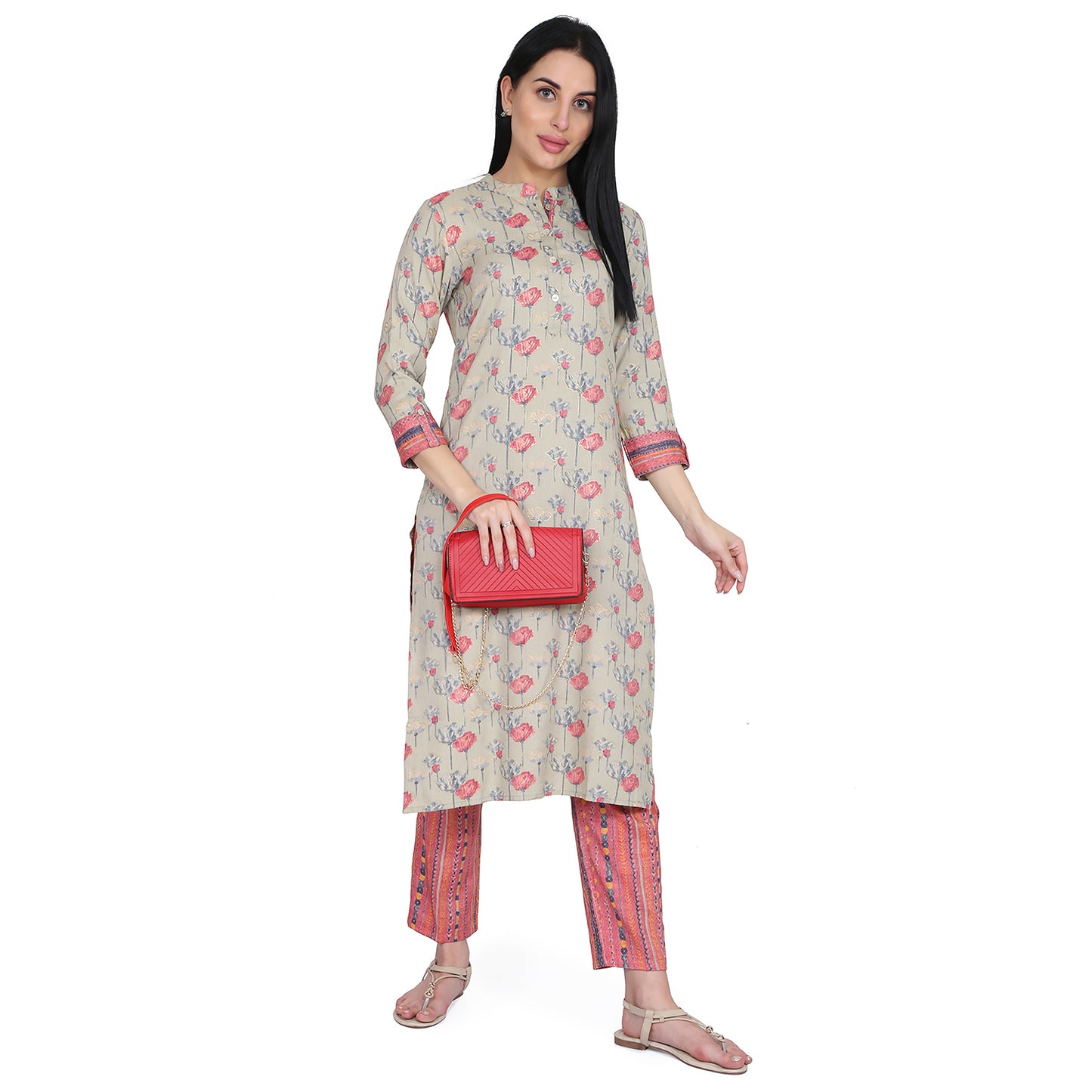 Be Indi Women Red Floral Printed Kurta with Trousers