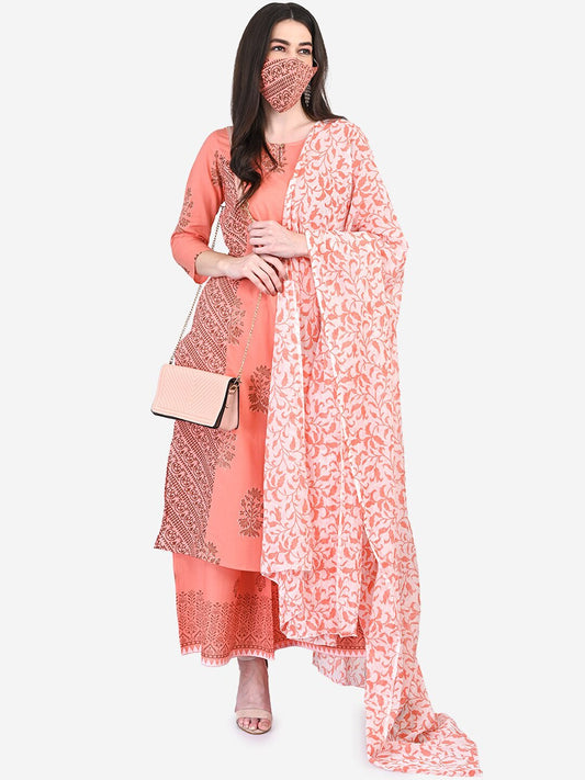 Be Indi Women Peach Floral Printed Regular Pure Cotton Kurta with Palazzos & With Dupatta