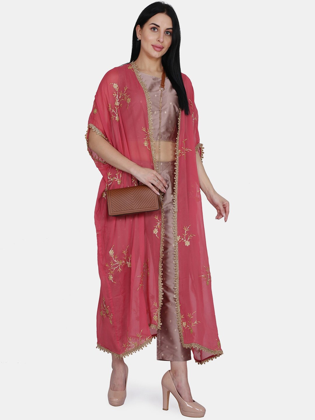 Be Indi Women Peach-Coloured Striped Kurti with Trousers & Dupatta