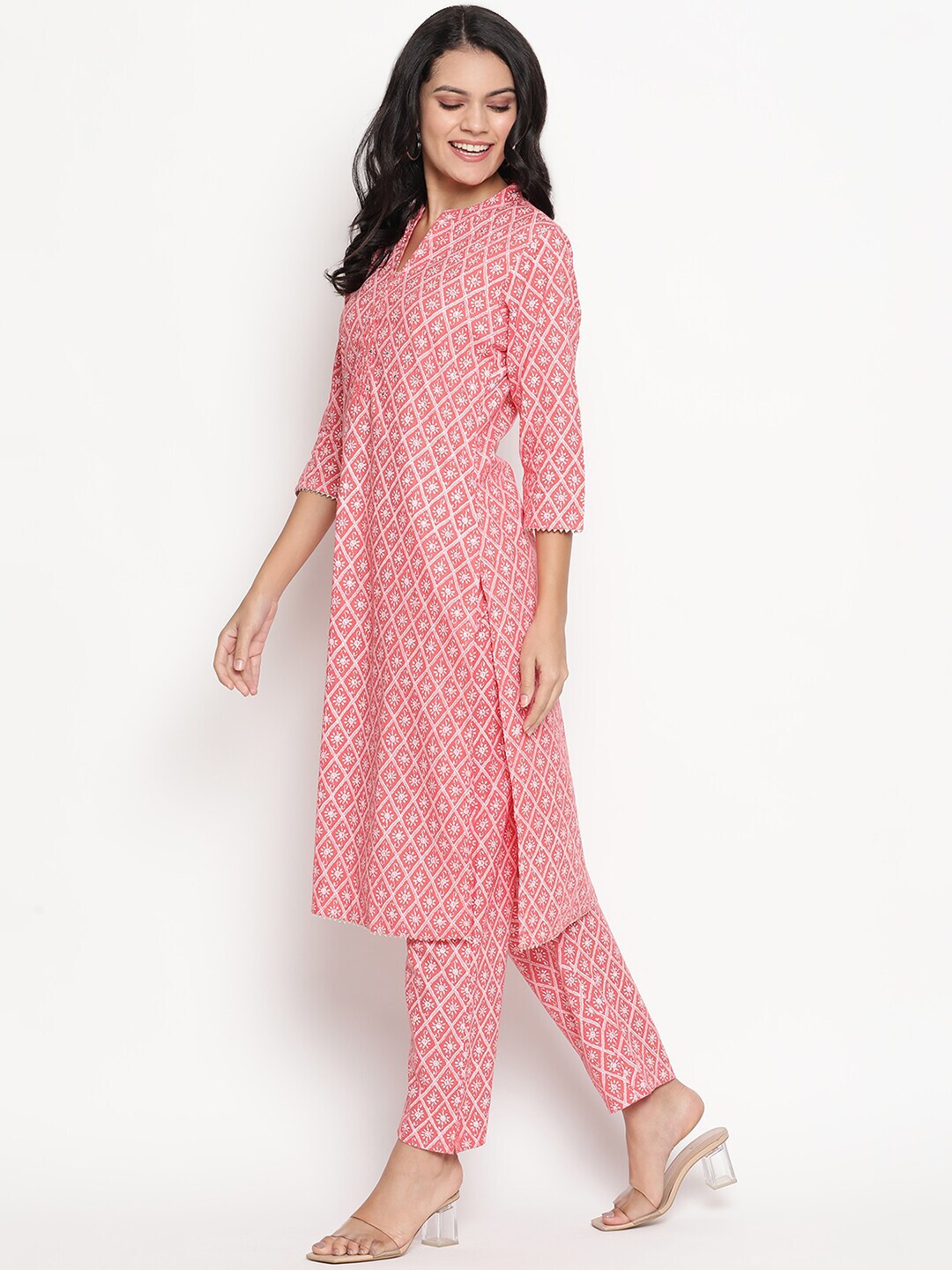 Women pink color white printed sequenced straight kurta, straight Pant