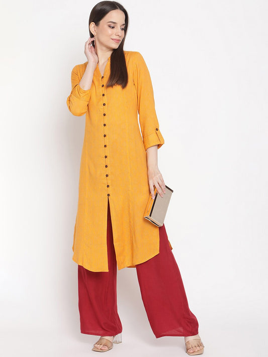 Be Indi Women Mustard Yellow Thread Work Dobby Kurta