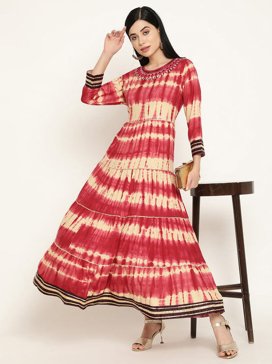 BeIndi Women's Fuchsia Embroidered Tie And Dye Tiered Dress With Golden Laces.
