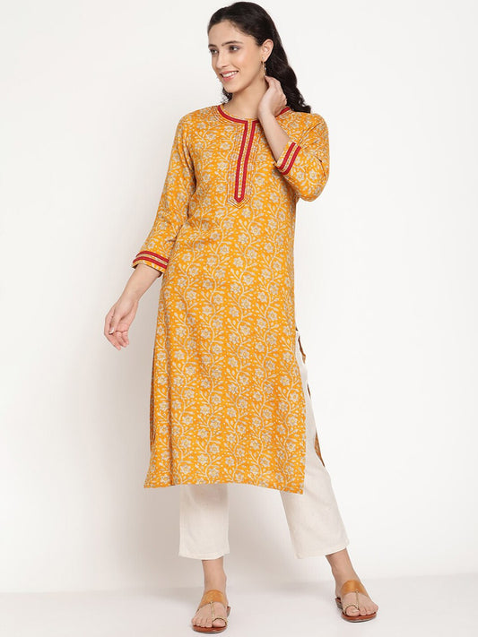 Be Indi Women Mustard Color Printed With Red Stitch Line And Contarst Trim Detailing Kurta