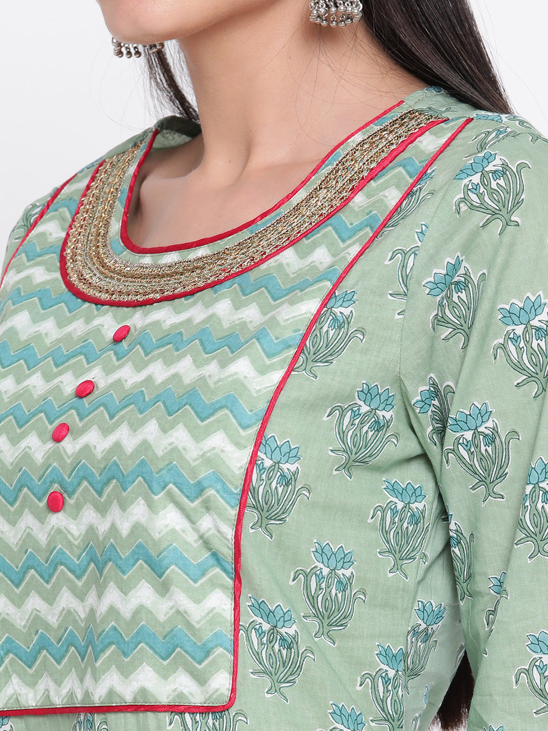 Be Indi Women Green Printed Lace Work Pure Cotton Kurta with Trousers & With Dupatta
