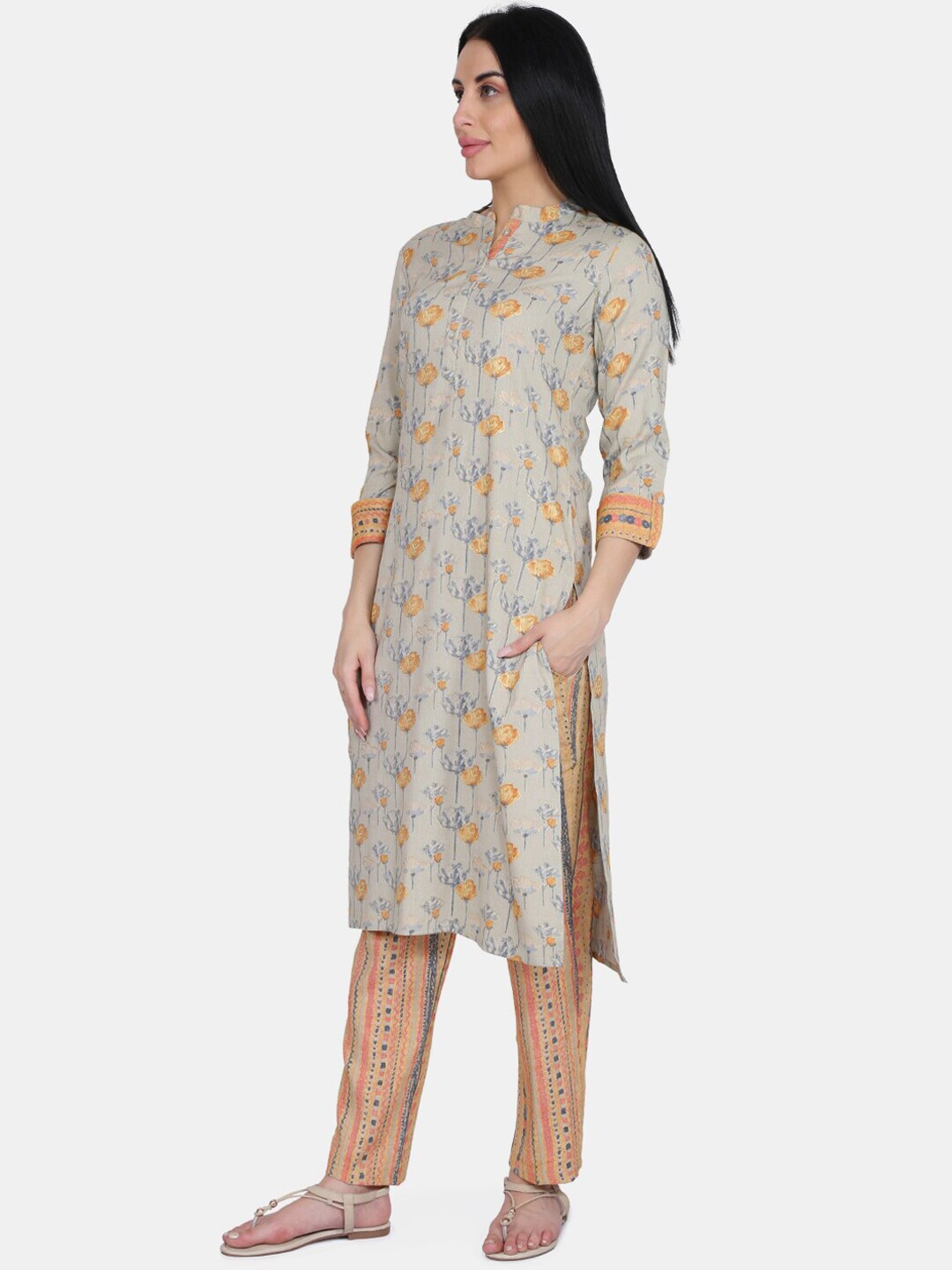 BeIndi Mustard Foil Printed Kurta With Straight Pant And Both Side Pocket