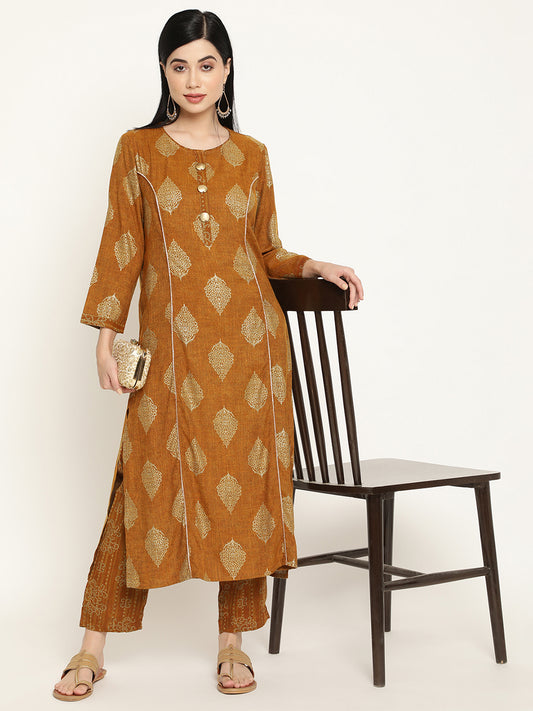 BeIndi Women's Mustard, Motif Foil Printed, Round Neck Kurta With Princess Panels And Pant