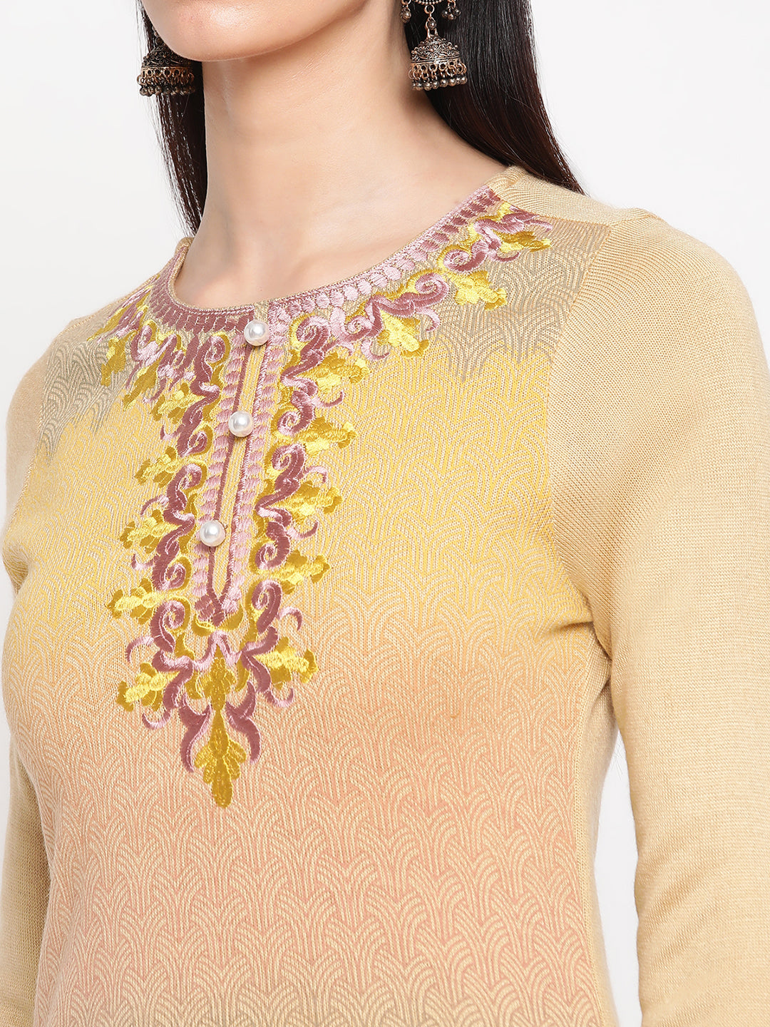 Be Indi Women Winter Daffodil  Beige Embroidered Yoke Design  Straight Kurta With Trouser & Shawl