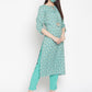 Be Indi Women Turquoise Blue Floral Printed Straight Kurta with Trousers