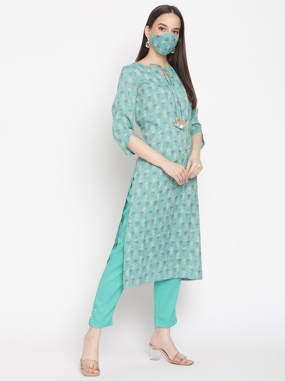 Be Indi Women Turquoise Blue Floral Printed Straight Kurta with Trousers