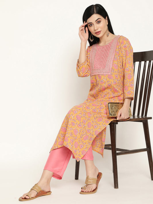 BeIndi Women's Yellow Printed Yoke Design Kurta Sequined & Embroidered Yoke With Zari And Pant