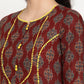 Be Indi Women Maroon Printed Princess Line With Yellow Color Cotton Lace And Fabric Detailing Kurta