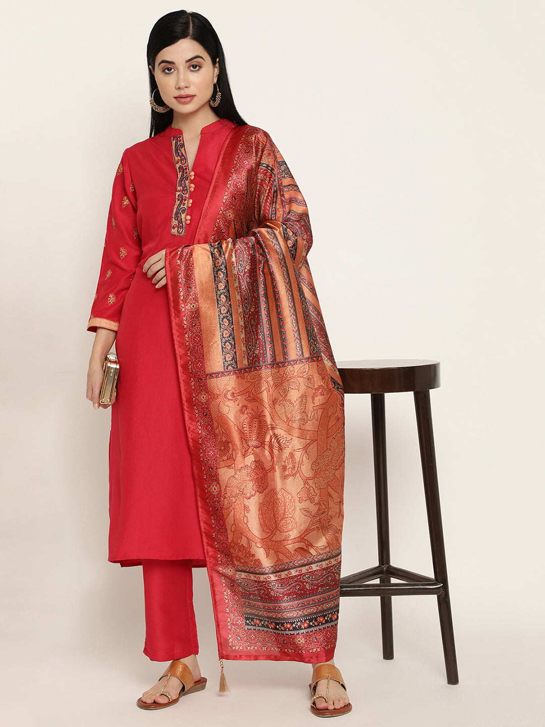 BeIndi Women's Fuchsia Embroidered, Mandarin Collar Kurta.Pant & Silk Printed Dupatta With Tassels