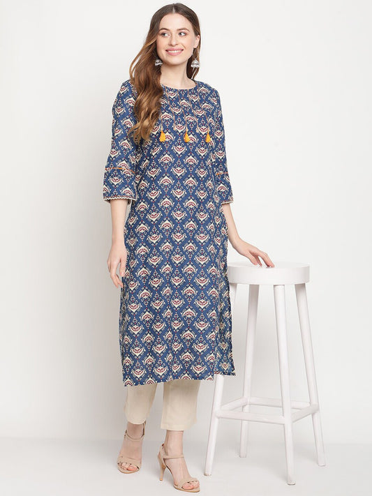Be Indi Women Blue Ethnic Motifs Printed Khadi Kurta