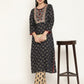 BeIndi Women's Navy Foil Printed Yoke Design Kurta With Thread & Zari Embroidered Yoke And Pant