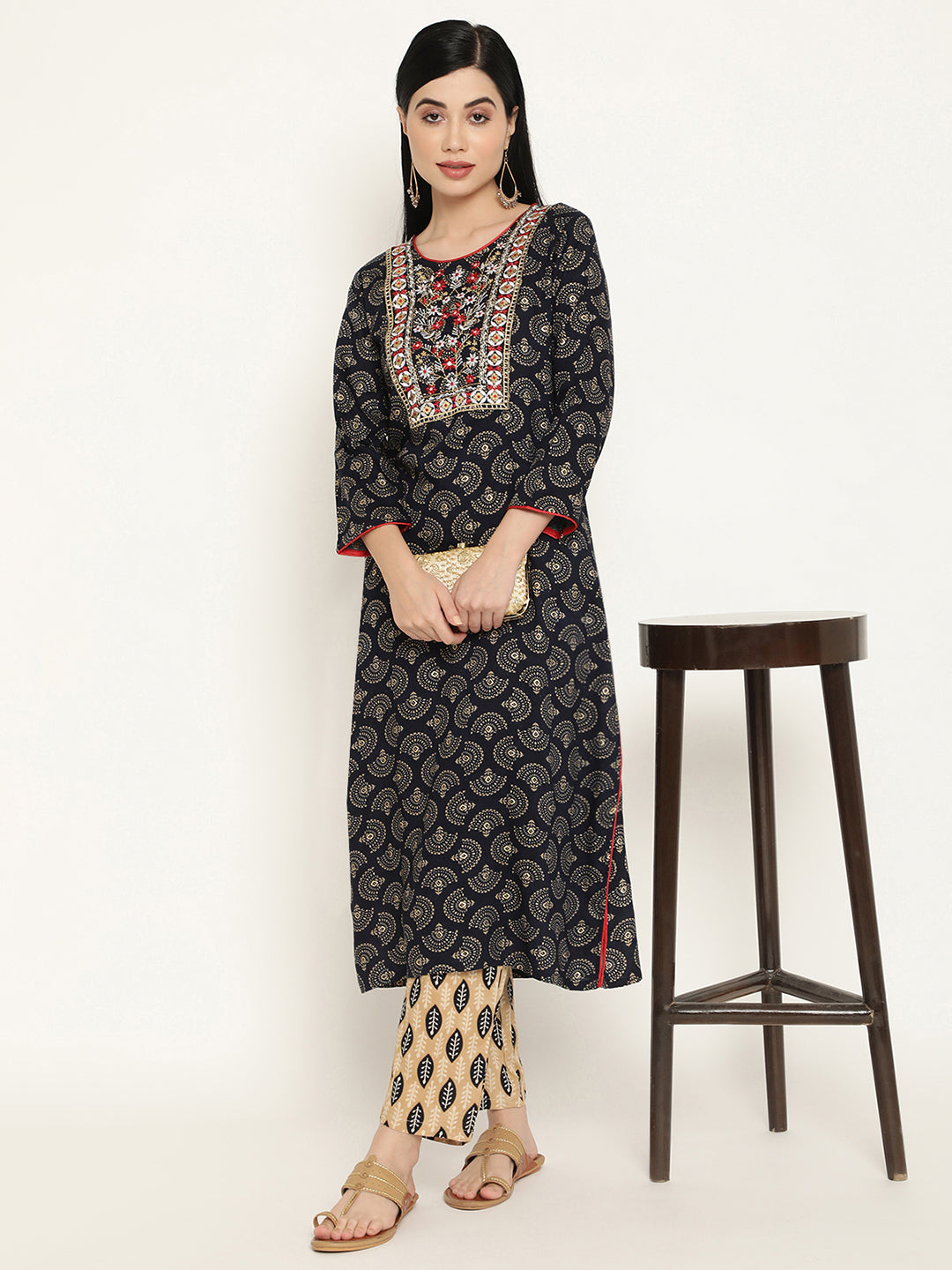 BeIndi Women's Navy Foil Printed Yoke Design Kurta With Thread & Zari Embroidered Yoke And Pant