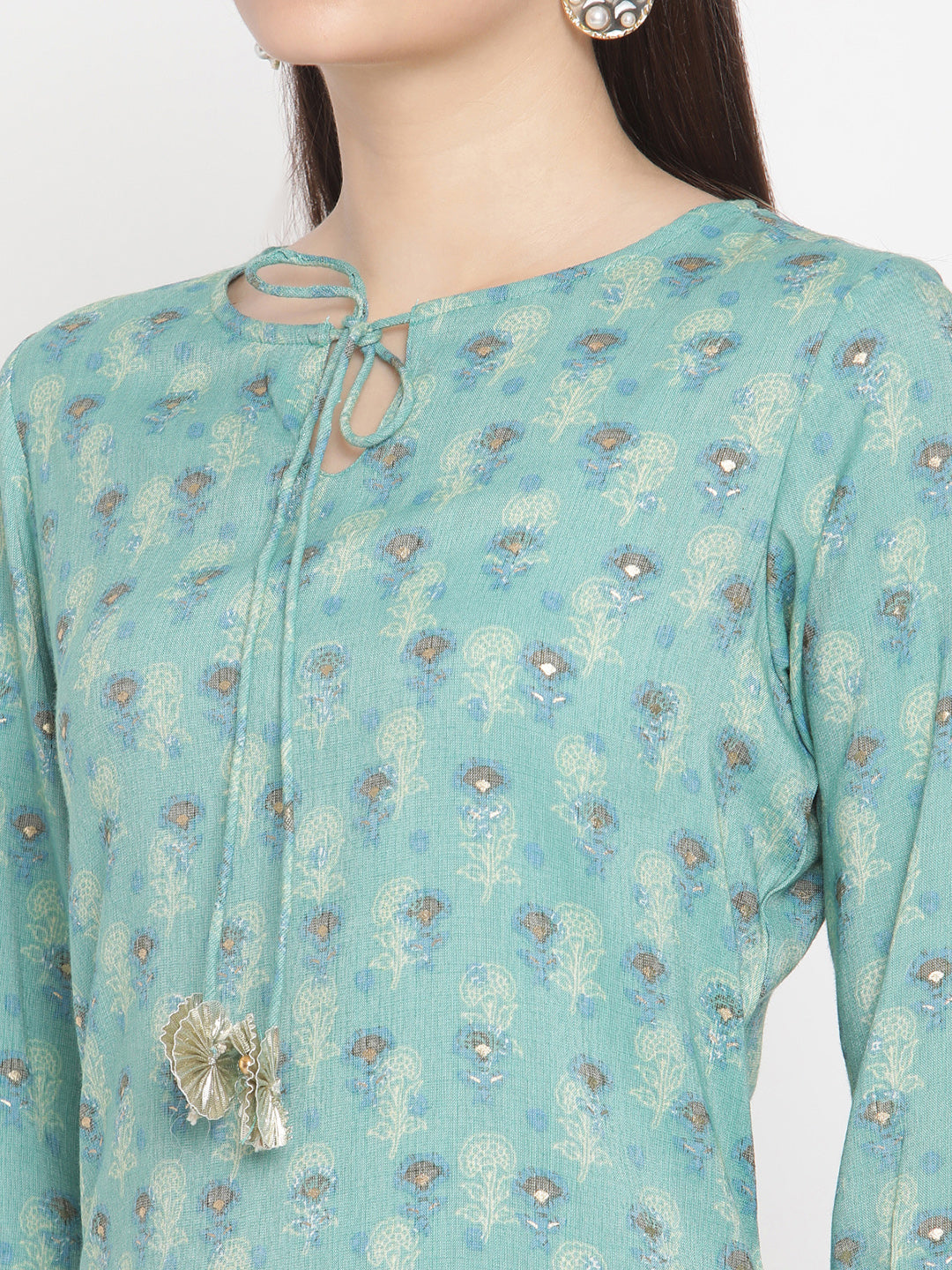 Be Indi Women Turquoise Blue Floral Printed Straight Kurta with Trousers