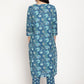 Be Indi Women Blue Floral Embroidered Empire Pure Cotton Kurti with Trousers