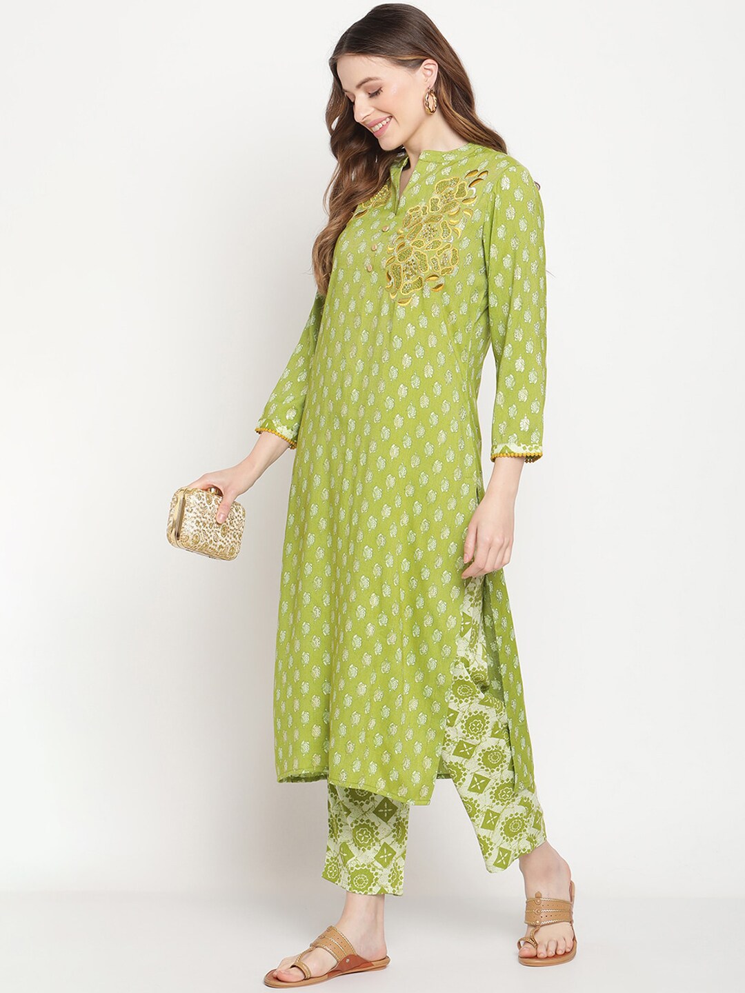 Be Indi Women Green Printed Placement Embroidred Design Kurta with Pant