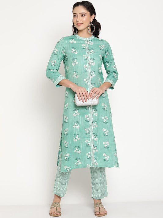 Be Indi Women Sea Green Floral Printed Gotta Patti Kurta with Trousers