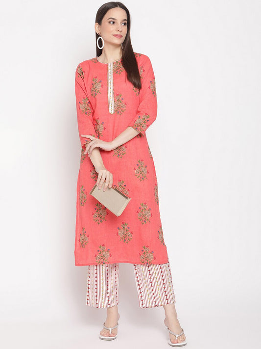 Be Indi Women Red Ethnic Motifs Printed Pure Cotton Kurta with Palazzos