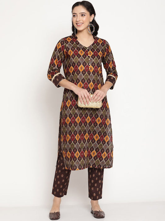 Be Indi Women Brown Printed Pure Cotton Kurta with Trousers