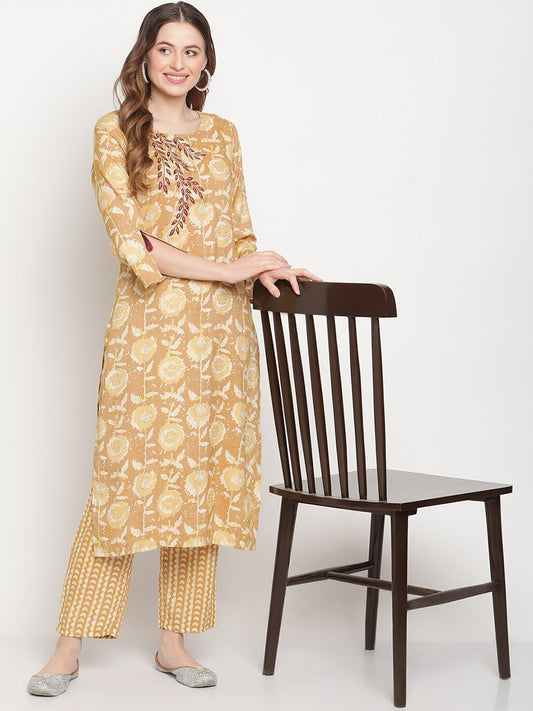 Be Indi Women Mustard Thread & Zari Embroidered Kurta With Elasticated Pant