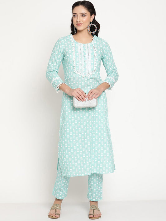 Be Indi Women Sea Green Printed Cotton Lace And Gotta Patti Yoke Design Kurta With Pant