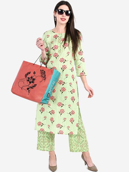BeIndi Women Floral Print Self Design Green Kurta, Straight Palazzo