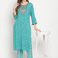 Be Indi Women Turquoise Blue Ethnic Motifs Gotta Patti Kurta With Trousers